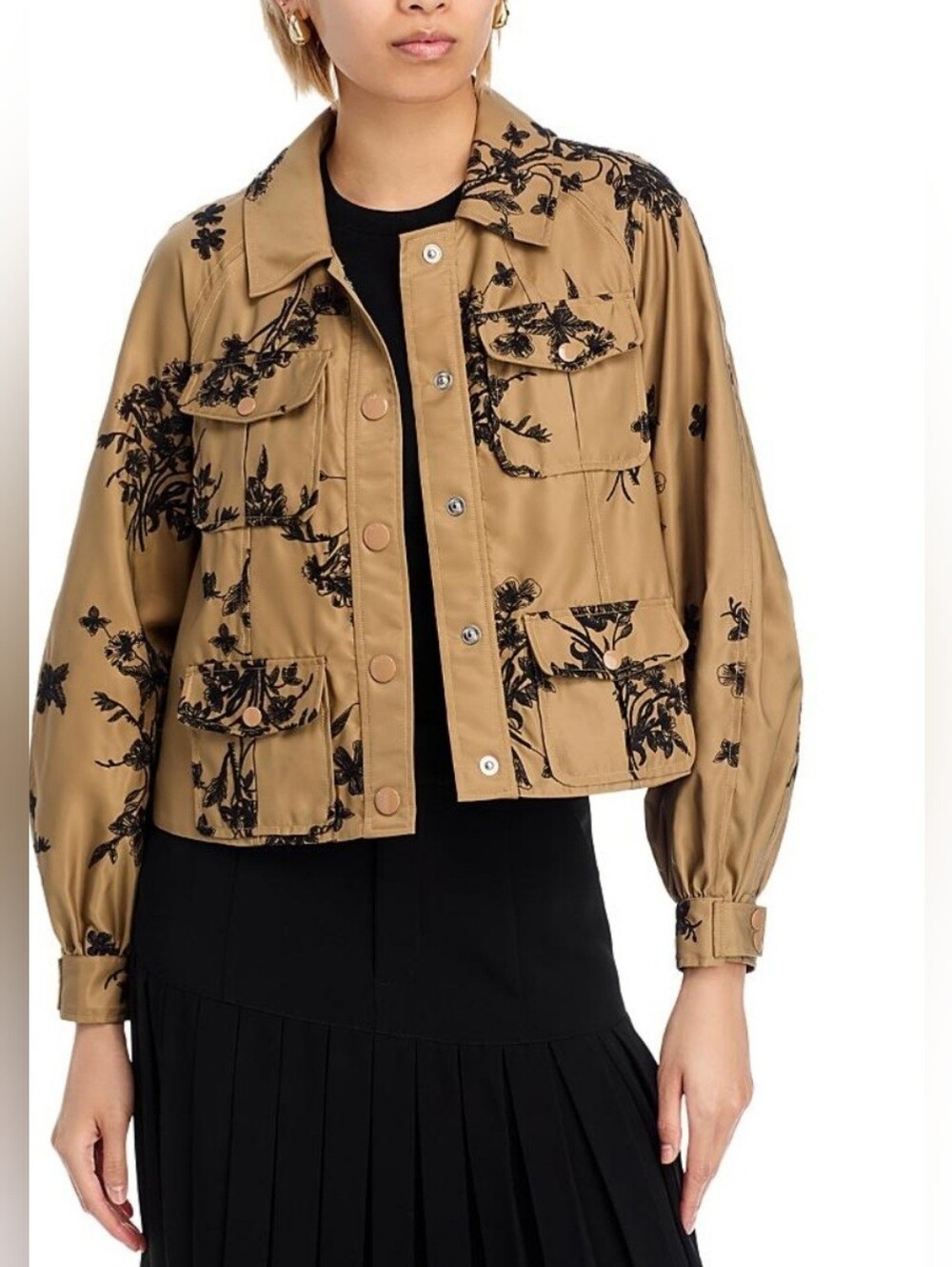 Cinq a sept Tan Embroidered Cropped Jacket with Black Floral Motif